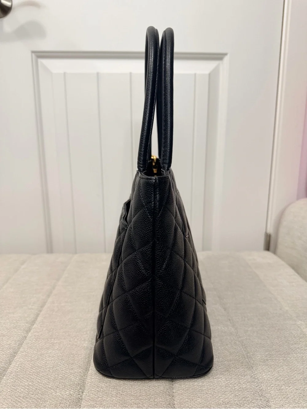 Vintage CHANEL Black Quilted Caviar Medallion Tote 24K gold-plated hardware